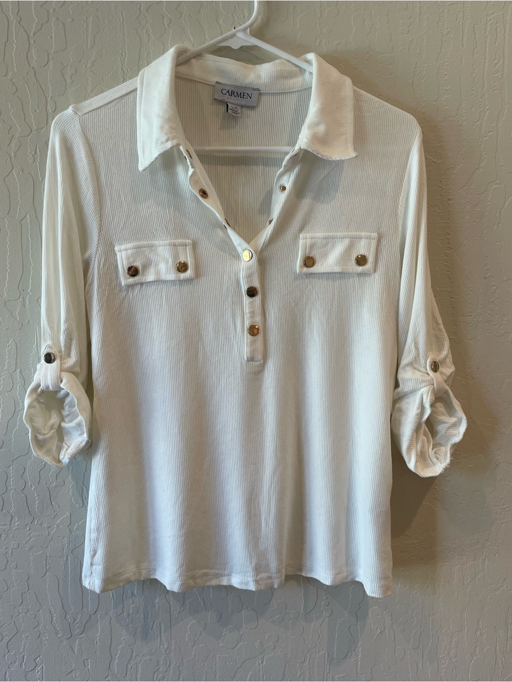 Carmen Marc Valvo White Button-Front Polo Top